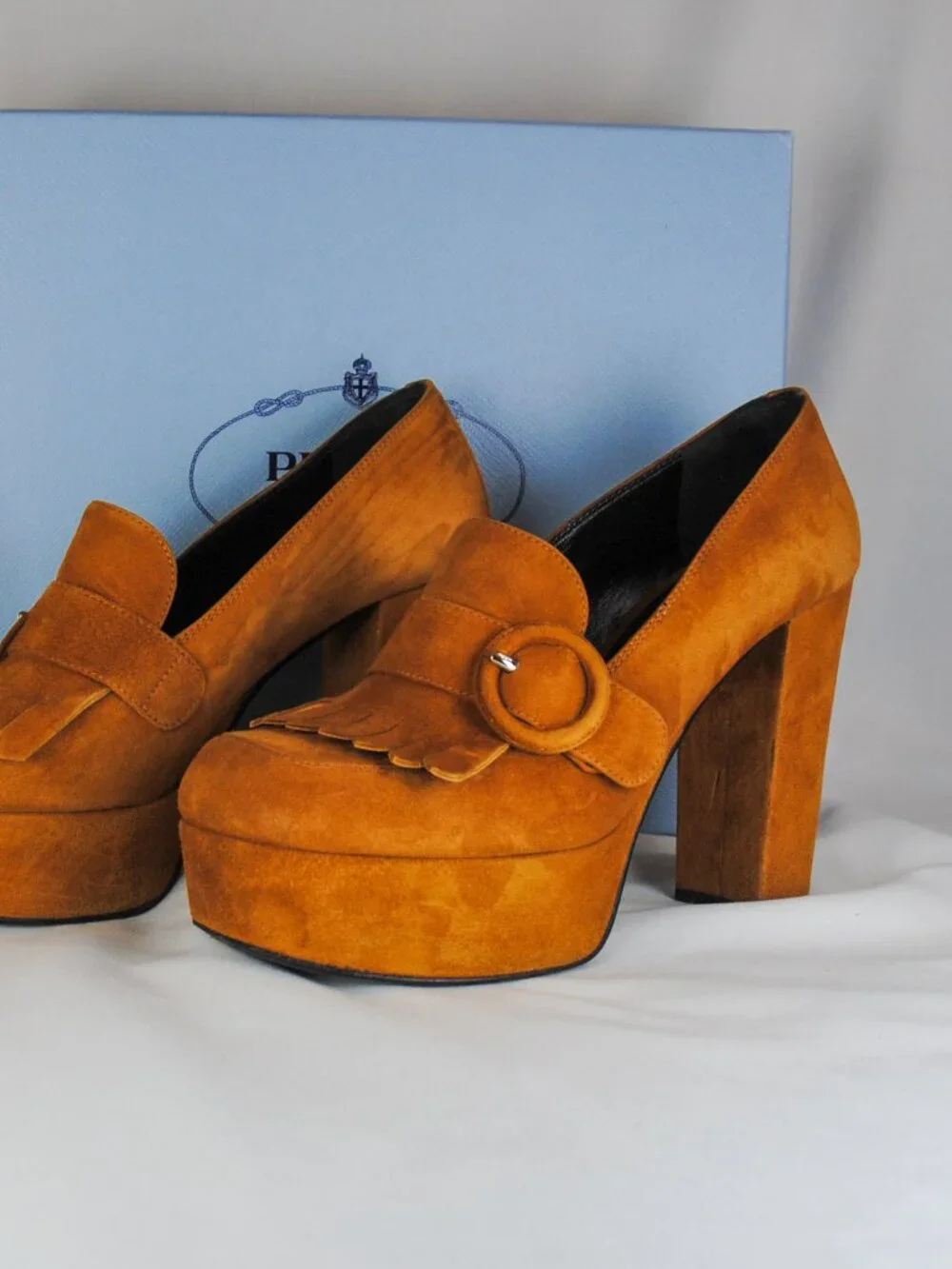 Prada Caramel Suede Fringe Platform Loafers Size 37.5
